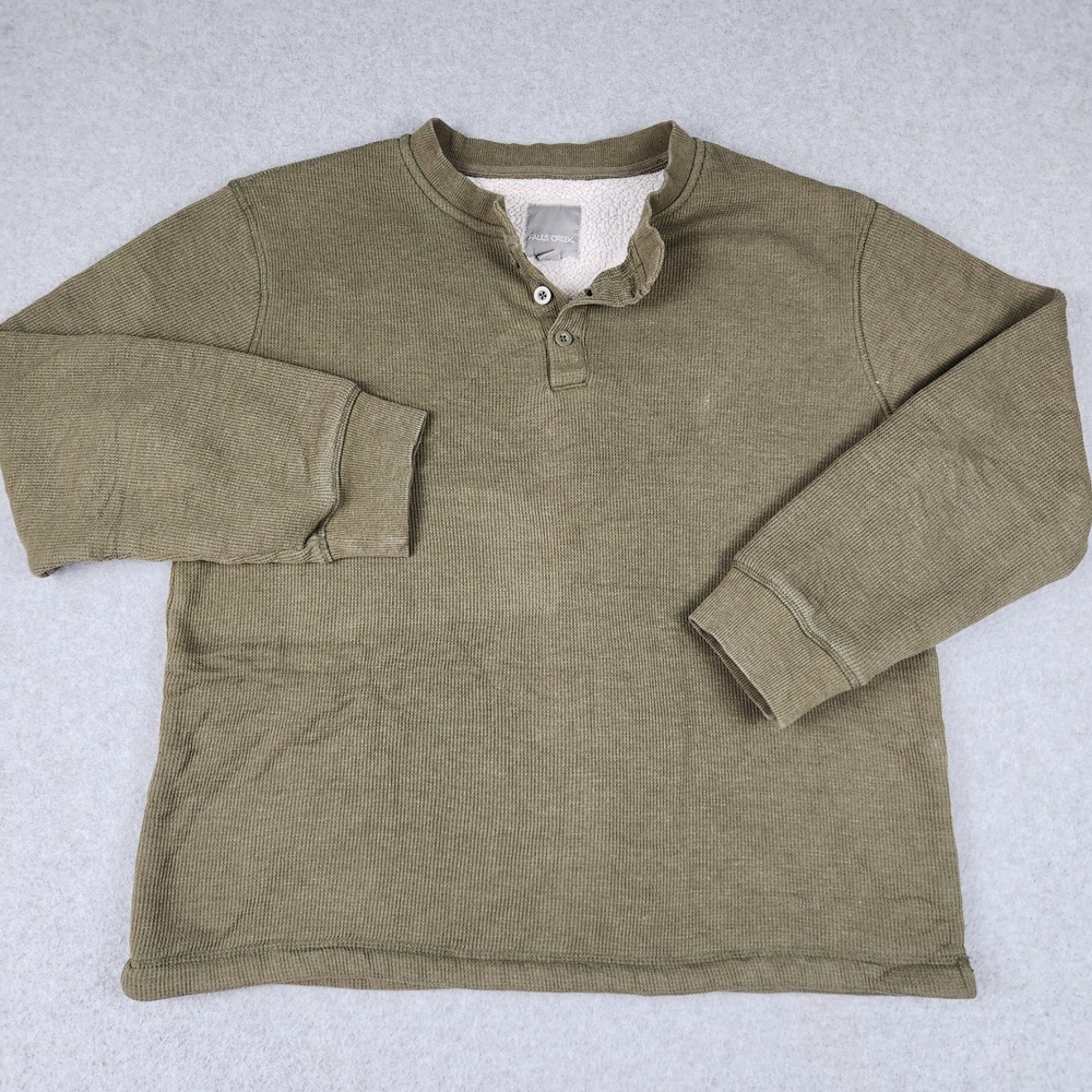 Falls Creek Henley Sweatshirt Mens L Olive Green Waffle Knit Sherpa Lined Rugged